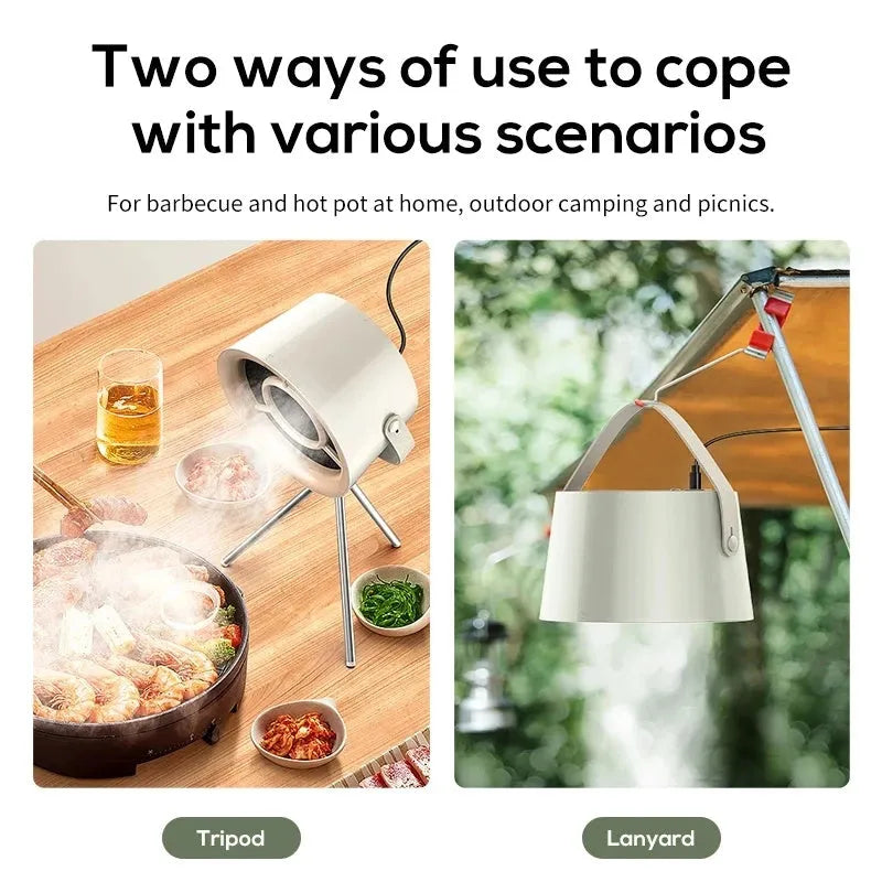 Milky white portable desktop kitchen extractor fan with tripod and USB cable