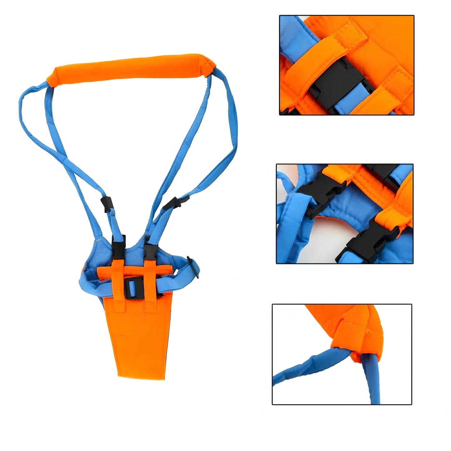 Orange and blue baby walking harness with adjustable strap and plastic safety locks for infants learning to walk