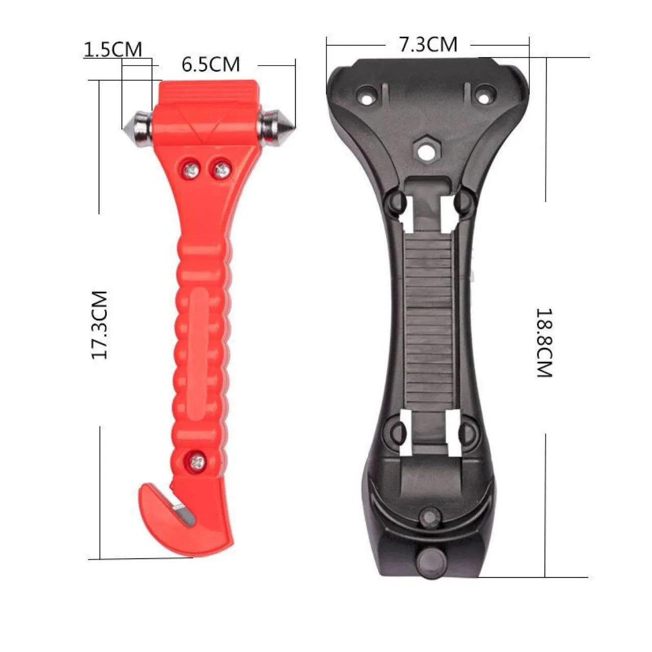 Red car life safety hammer with window breaker and seat belt cutter functions