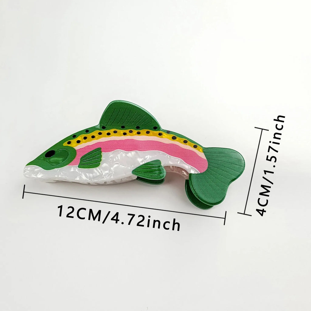 Dark green women's hair clip with detailed printed rainbow trout and carp marine design