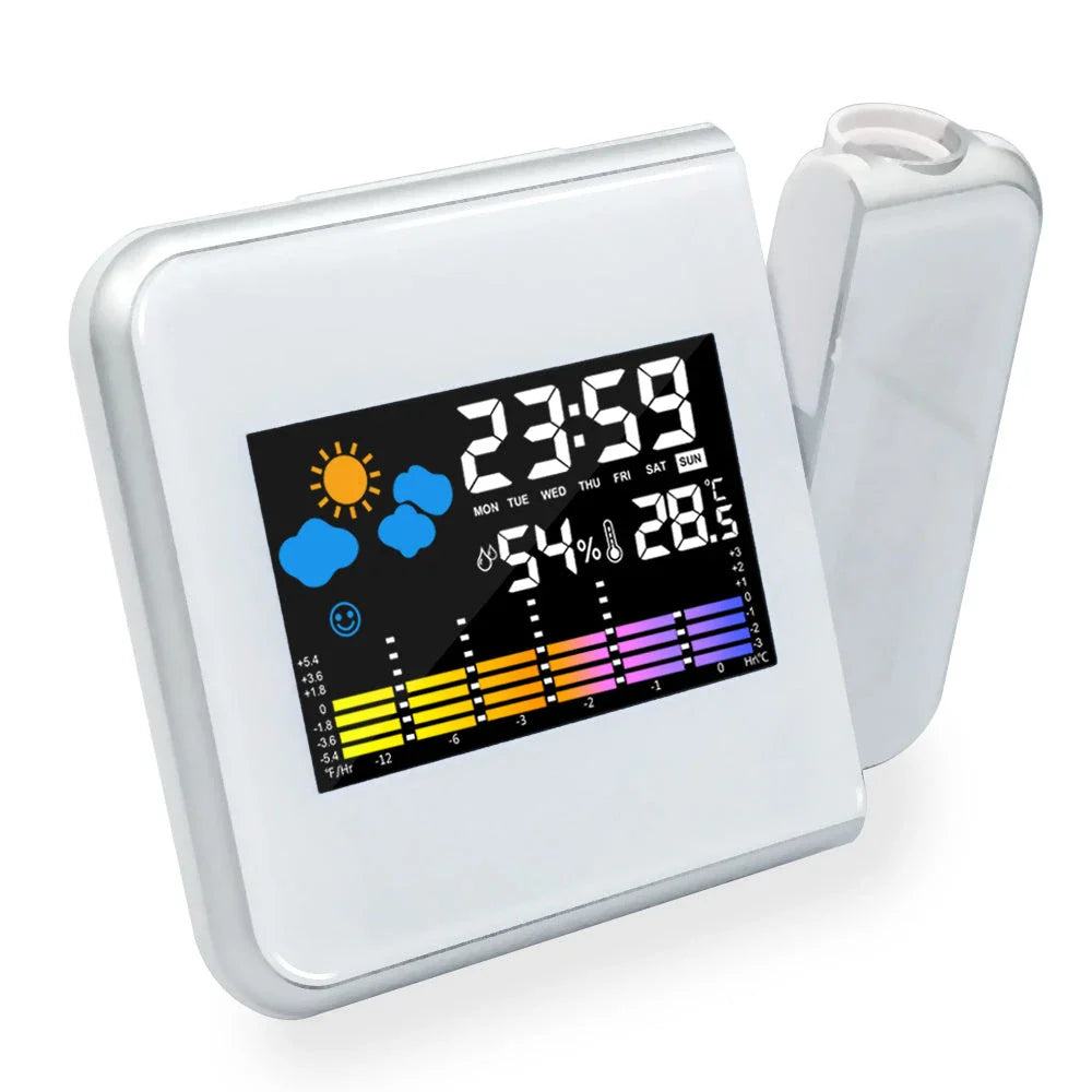 Multifunctional digital projection alarm clock with temperature, humidity, and weather forecast display