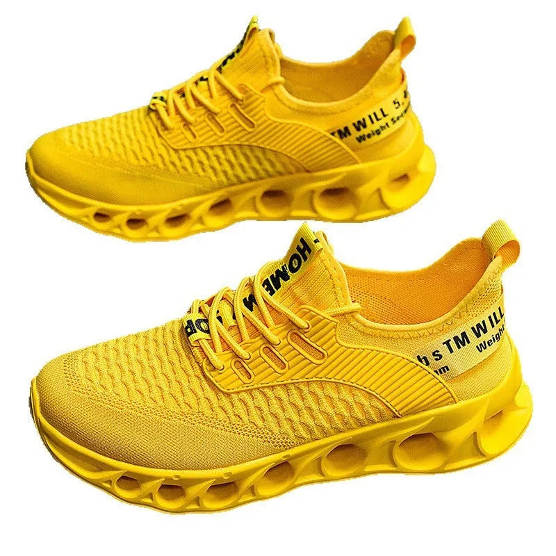 Large size fly woven mesh casual running shoes in multiple colours with fabric upper and lace-up closure