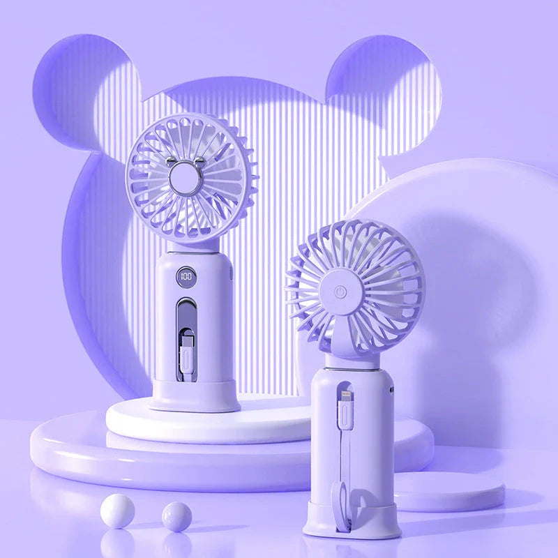 Portable 2-in-1 handheld fan with fast charging capability in vibrant colors
