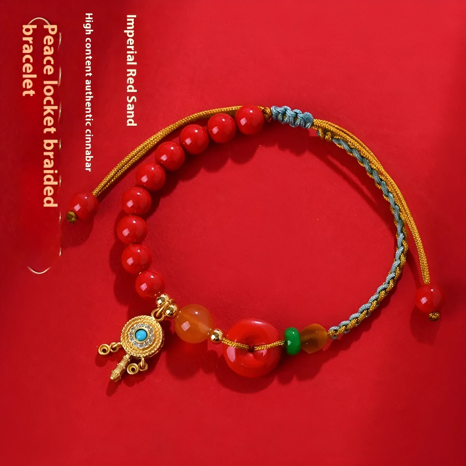 Emperor red sand cinnabar peace buckle bracelet with hand-woven geometric design