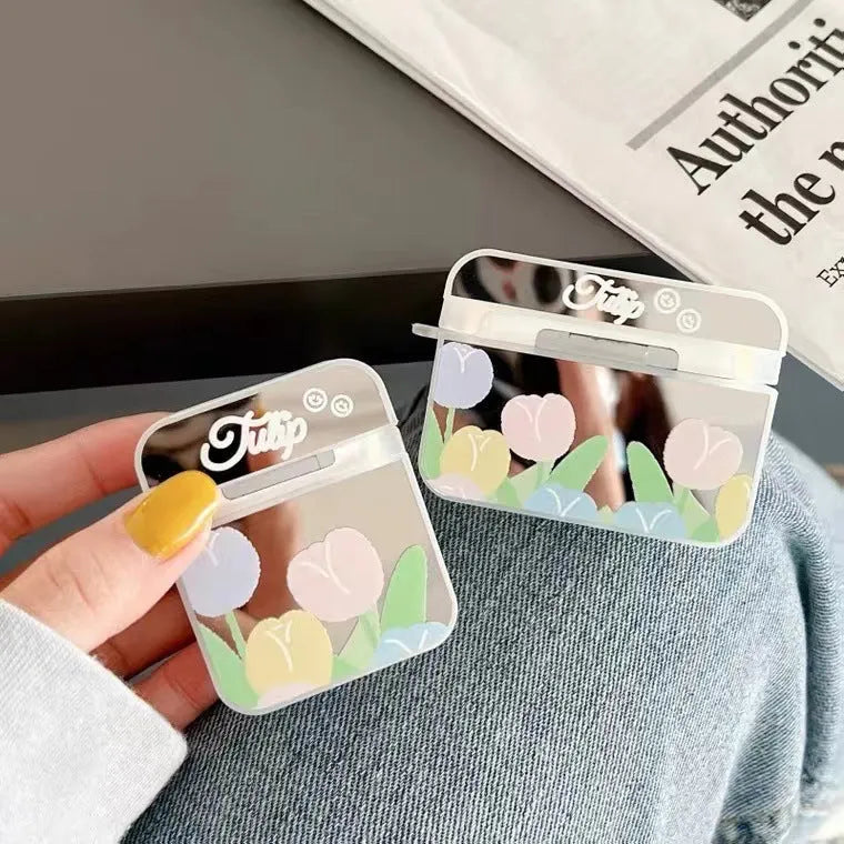 Ins Korean style Mirror Flower TPU back cover for AirPods charging case, compatible with 1st to Pro2 generations