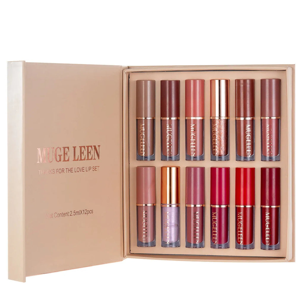 Matte shimmer lip glaze set with 12 non-stick cup colours in packaging