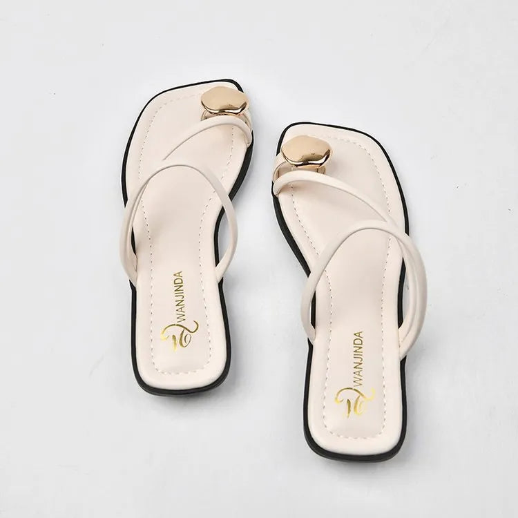 French style women's flat sandals with metal toe covering in Beige White, artificial PU upper, rubber sole