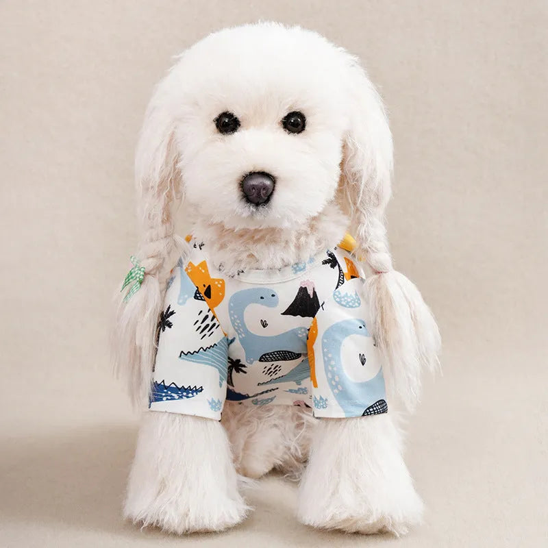 Full printed polyester casual t-shirt for small dogs in various colours with size chart showing bust and back length measurements