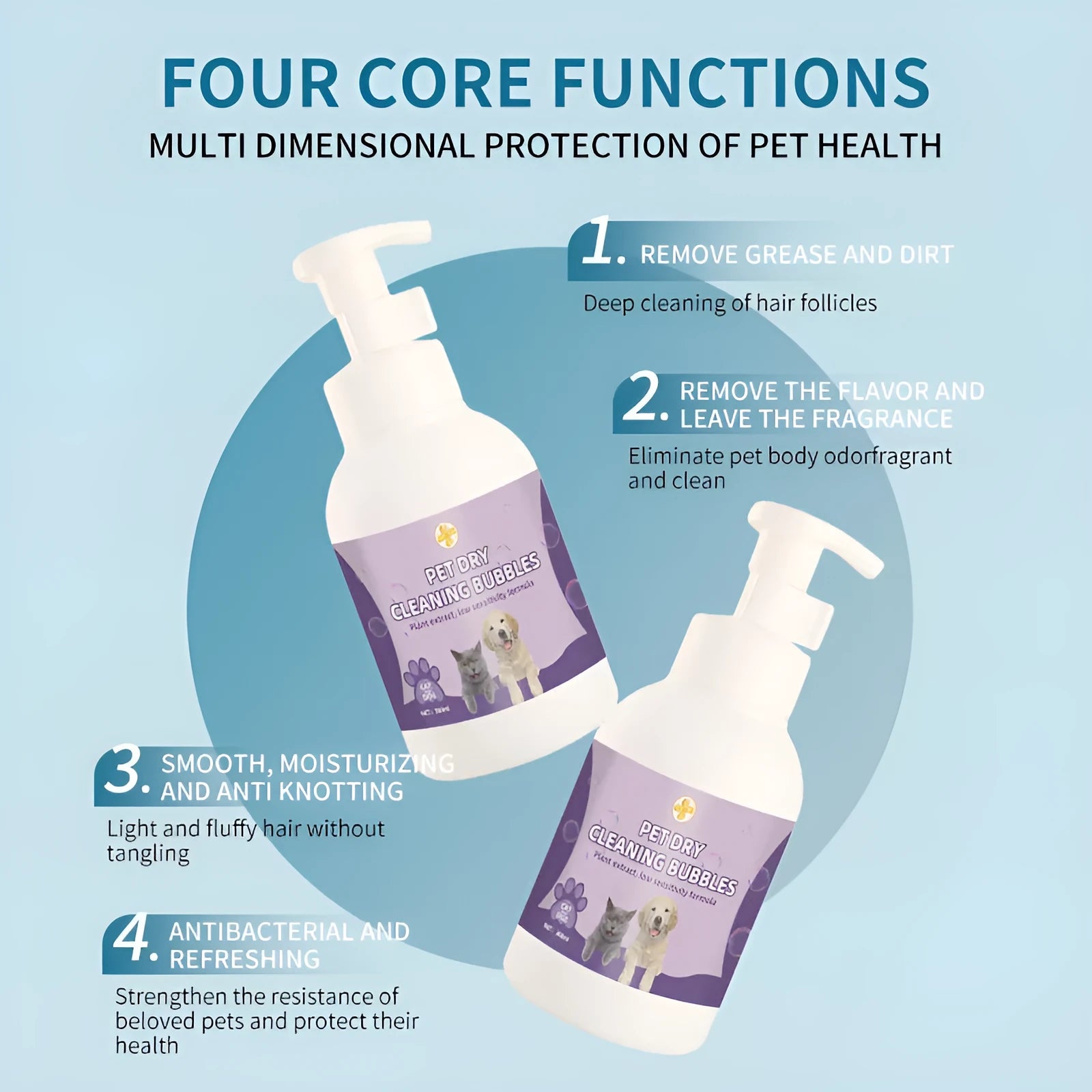 Pet disposable foam antibacterial antiitching wash-free bath shampoo in 300 ml and 500 ml bottles