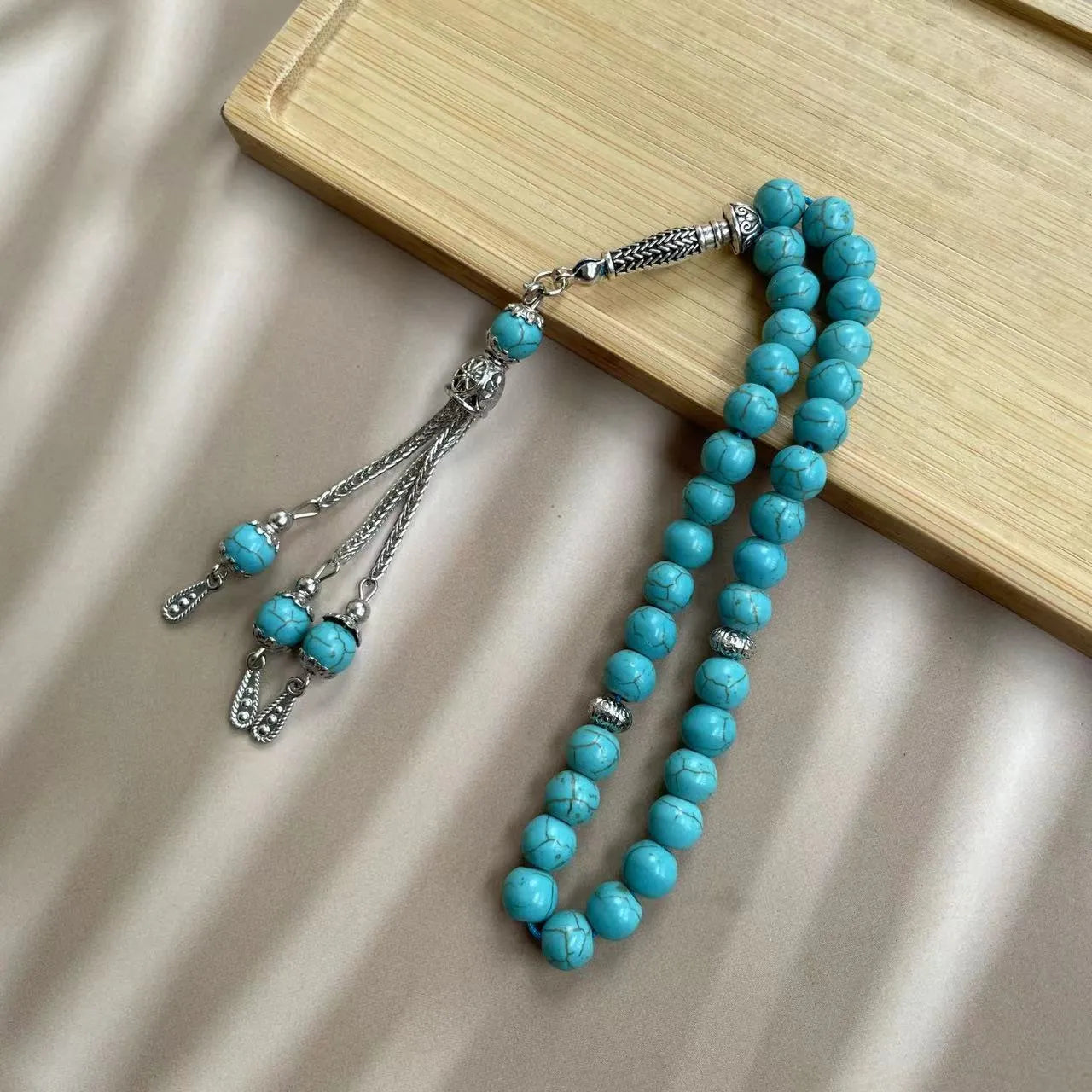 Sky blue handmade Muslim prayer bracelet with 8mm stone beads for daily worship and dhikr counting