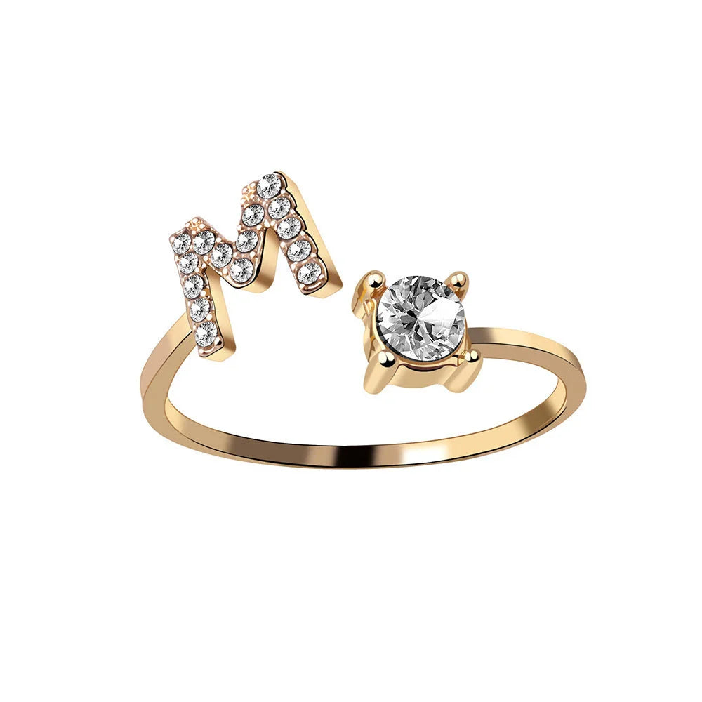 Elegant 26-letter adjustable initial ring in gold, silver, and rose gold finishes