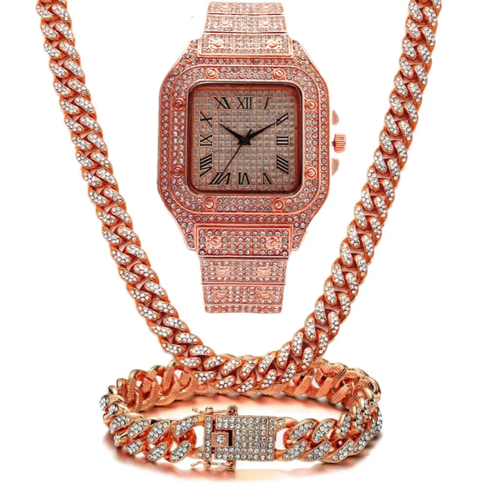 Square Roman grain dial quartz watch with diamond studs on a black mesh band, with matching bracelet and necklace.