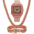 Square Roman grain dial quartz watch with diamond studs on a black mesh band, with matching bracelet and necklace.