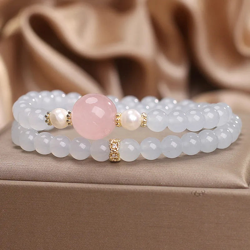 Natural aquamarine double ring bracelet, polished finish, light luxury minority style for women