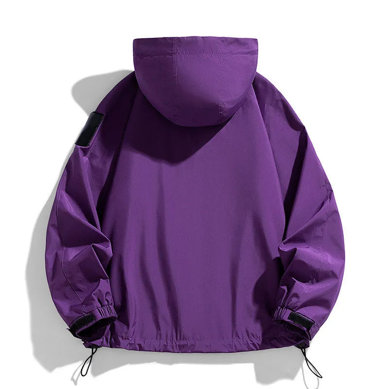 Men's waterproof hooded jacket in black, ginger yellow or purple colours showing regular length cut and long sleeves