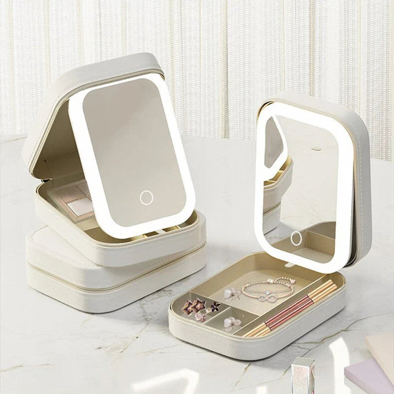 Illuminating makeup organizer with adjustable LED mirror, portable storage compartment, and compact, foldable design