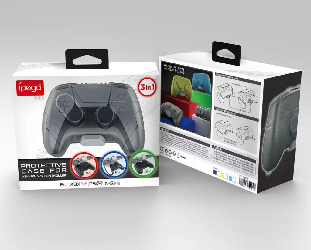 Transparent grey hard plastic game controller protection and storage case.