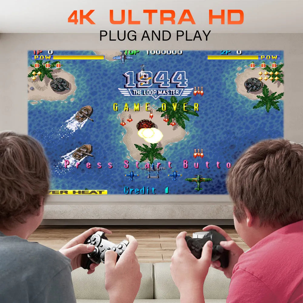 M300MAX portable home game projection machine with wireless controllers on a red packaging box.