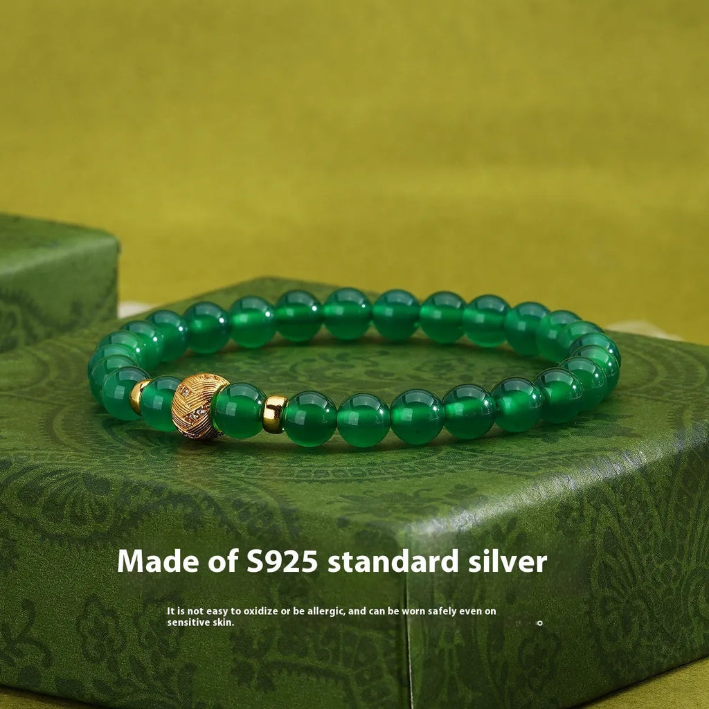 Women's green agate bracelet with geometric beads on S925 sterling silver