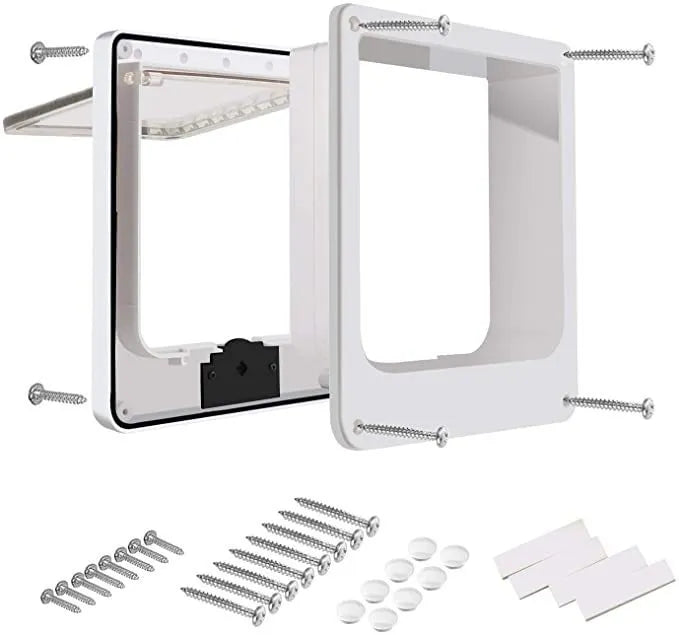 Interior cat door with rotary lock and magnetic closure in Black, showing the frame and flap