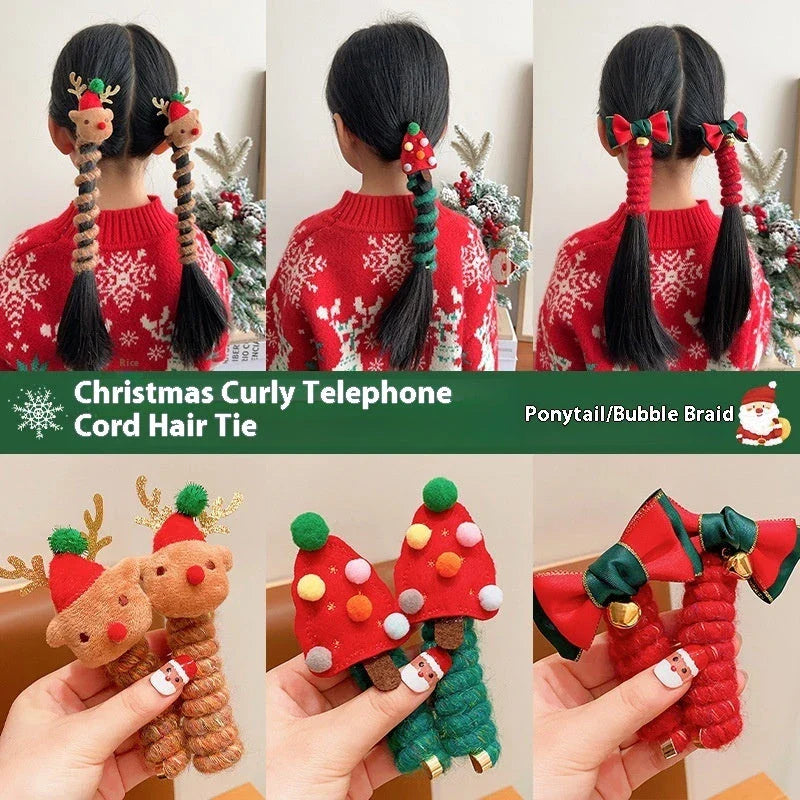 Festive Christmas hair ties for girls in various holiday-themed designs, including red bells, green trees, and khaki deer.