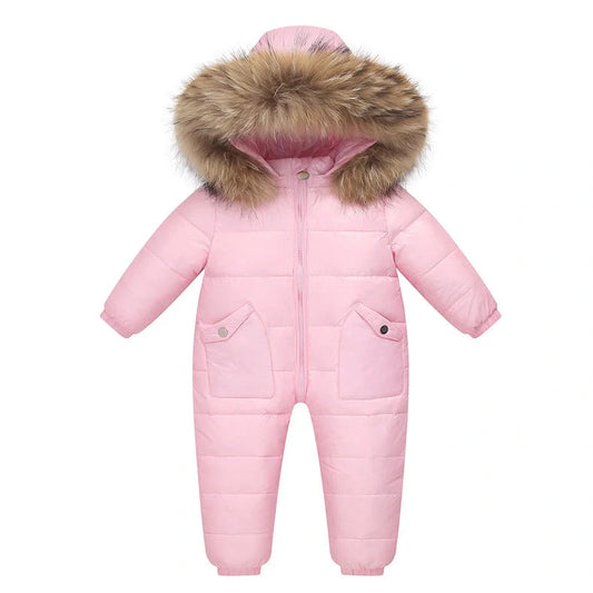 Baby wearing white duck down jacket with hood in yellow colour, suitable for 90-120cm heights