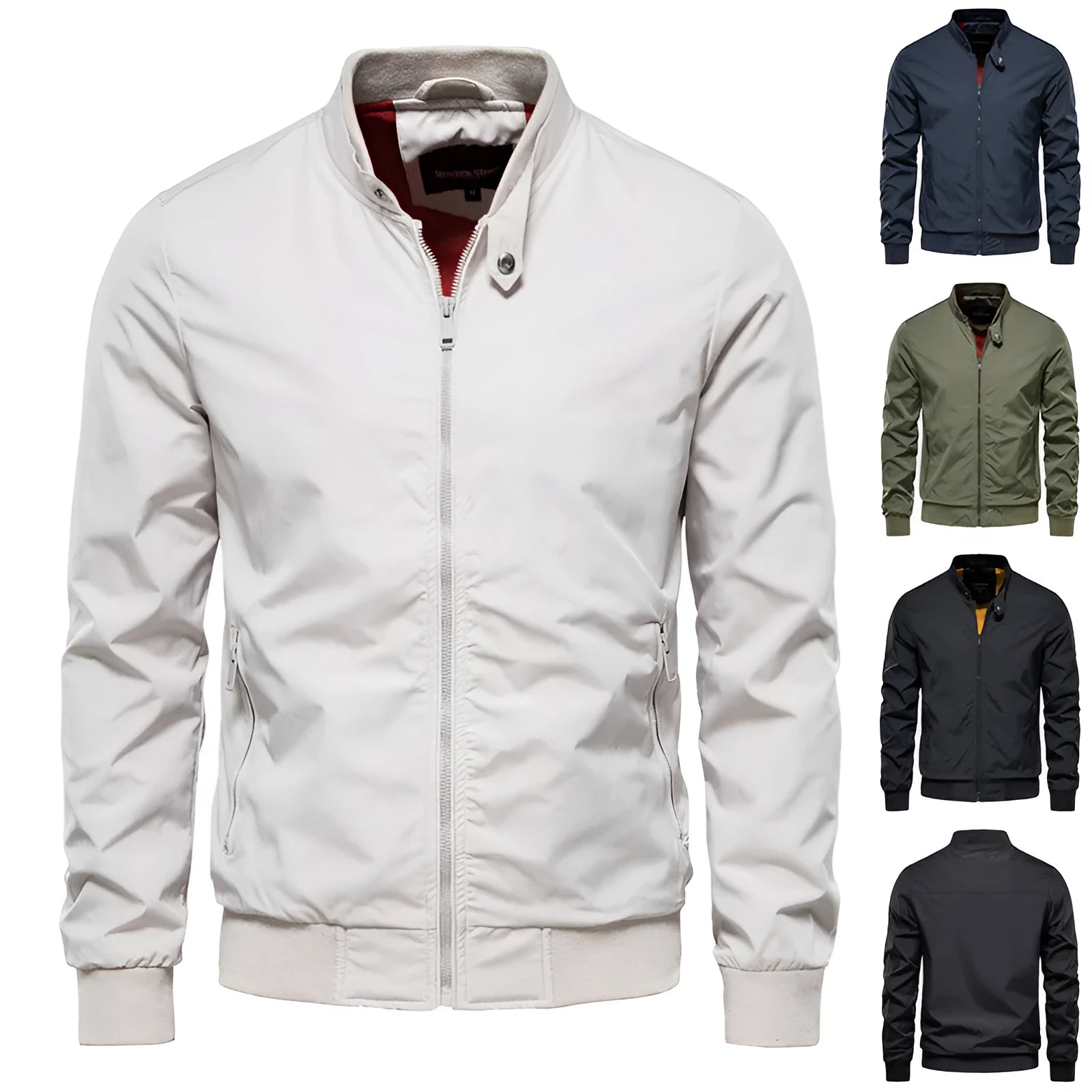 Men's zip-up polyester jacket with stand collar and pockets, solid colour casual outerwear