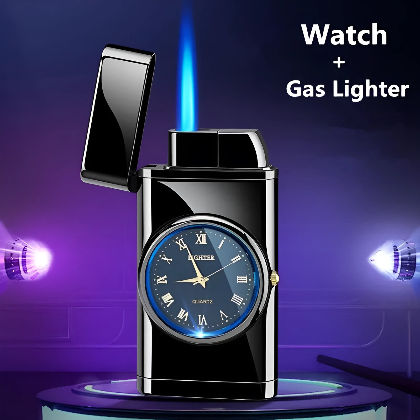 Multifunctional metal electronic watch and gas lighter with LED lamp shown in various colour finishes.