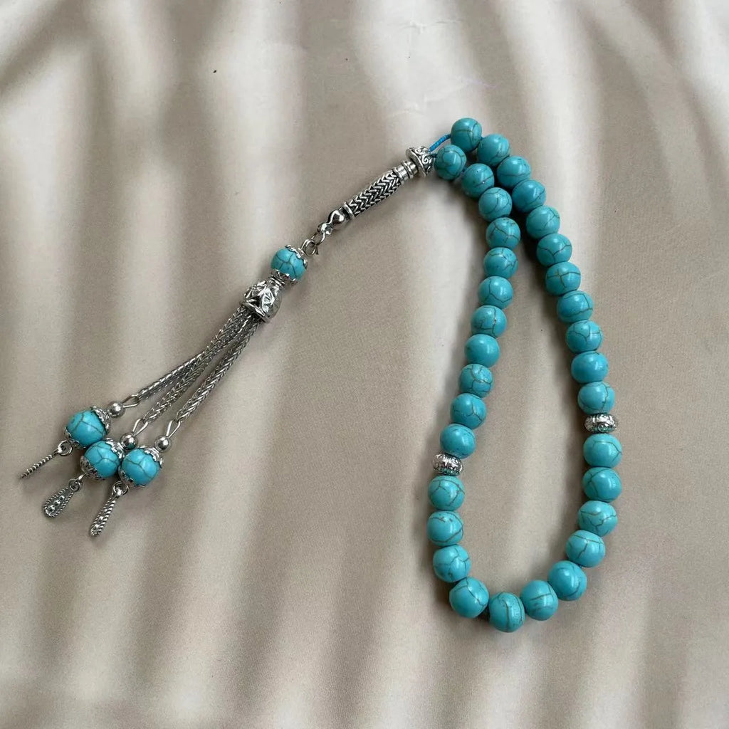 Sky blue handmade Muslim prayer bracelet with 8mm stone beads for daily worship and dhikr counting