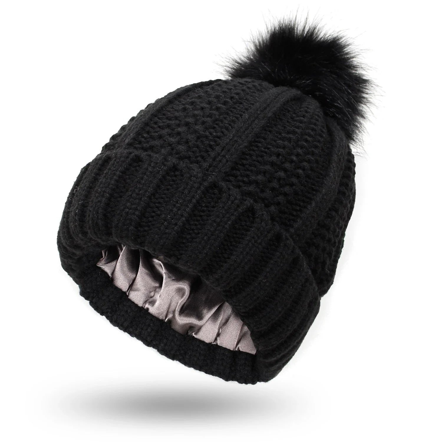 Wool skull knit beanie with satin lining and faux fur pom pom in various colours