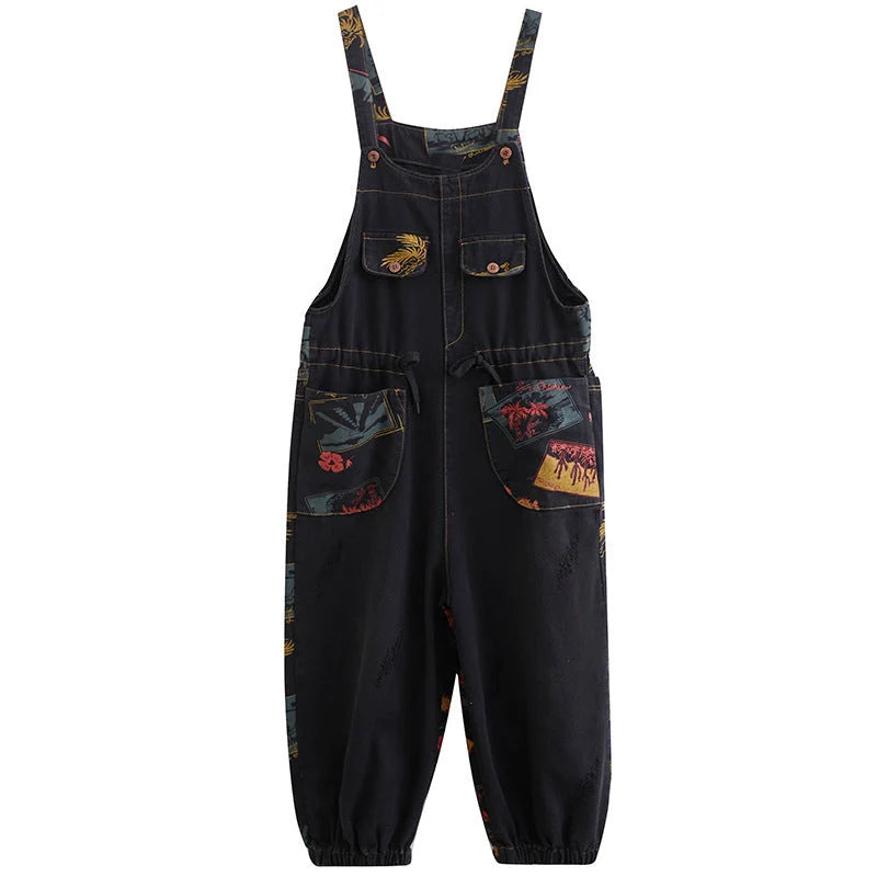 Plus size floral print suspender jeans in black and blue, made from durable denim cotton.