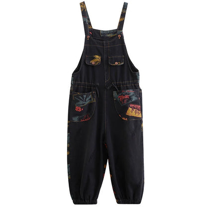 Plus size floral print suspender jeans in black and blue, made from durable denim cotton.