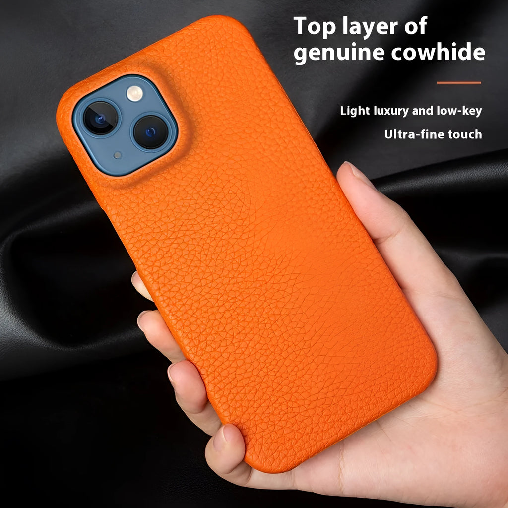 Genuine leather half pack phone case for iPhone 16 in orange with anti-fingerprint finish