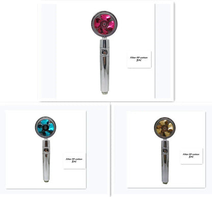 High-pressure handheld shower nozzle with cotton filter and stop button in various colours