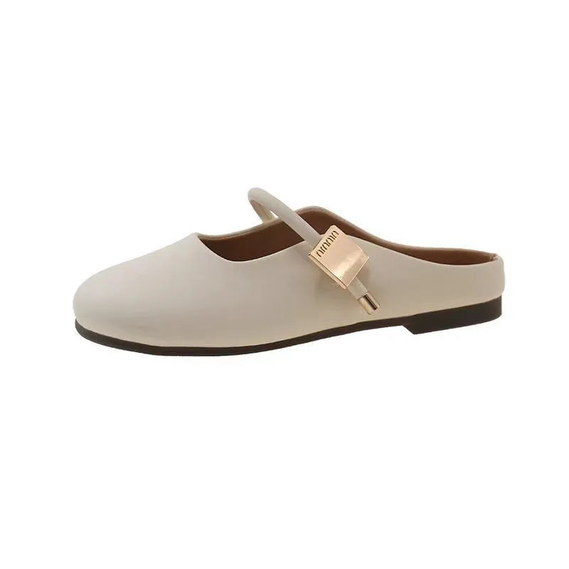Casual slip-on shoes with square metal buckle toe cap, PVC sole, apricot colour, side view
