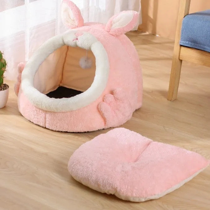 Bejirog pink screaming rabbit semi-closed cloth cat nest for autumn and winter, available in gray and pink sizes