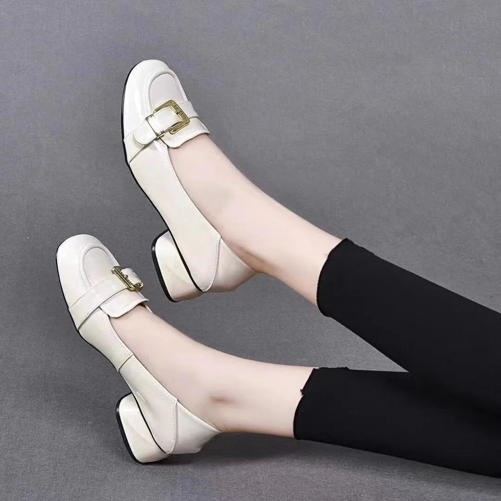 New British soft-soled women's flats in black cowhide leather with square heel