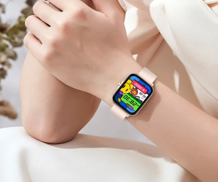 Black smart watch with 1.7-inch colour touch screen on an adjustable strap, showing Bluetooth call and fitness tracking interface.