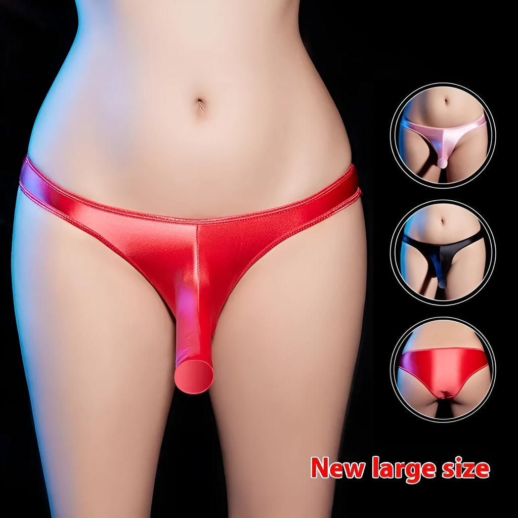 Men's shiny black low-waist T-back underwear laid flat, showing seductive cut and nylon material.