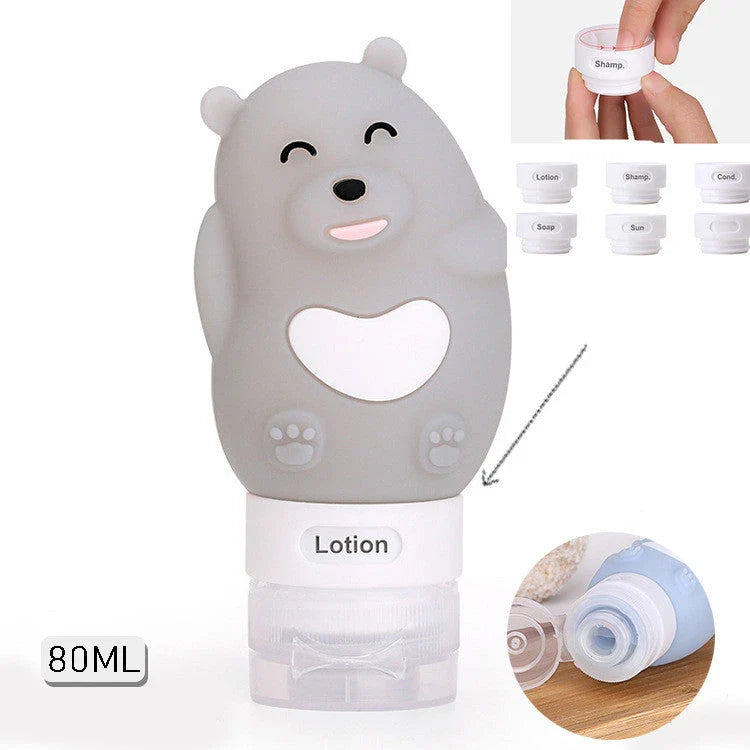 Portable travel bottles in various animal-themed designs for storing toiletries and liquids