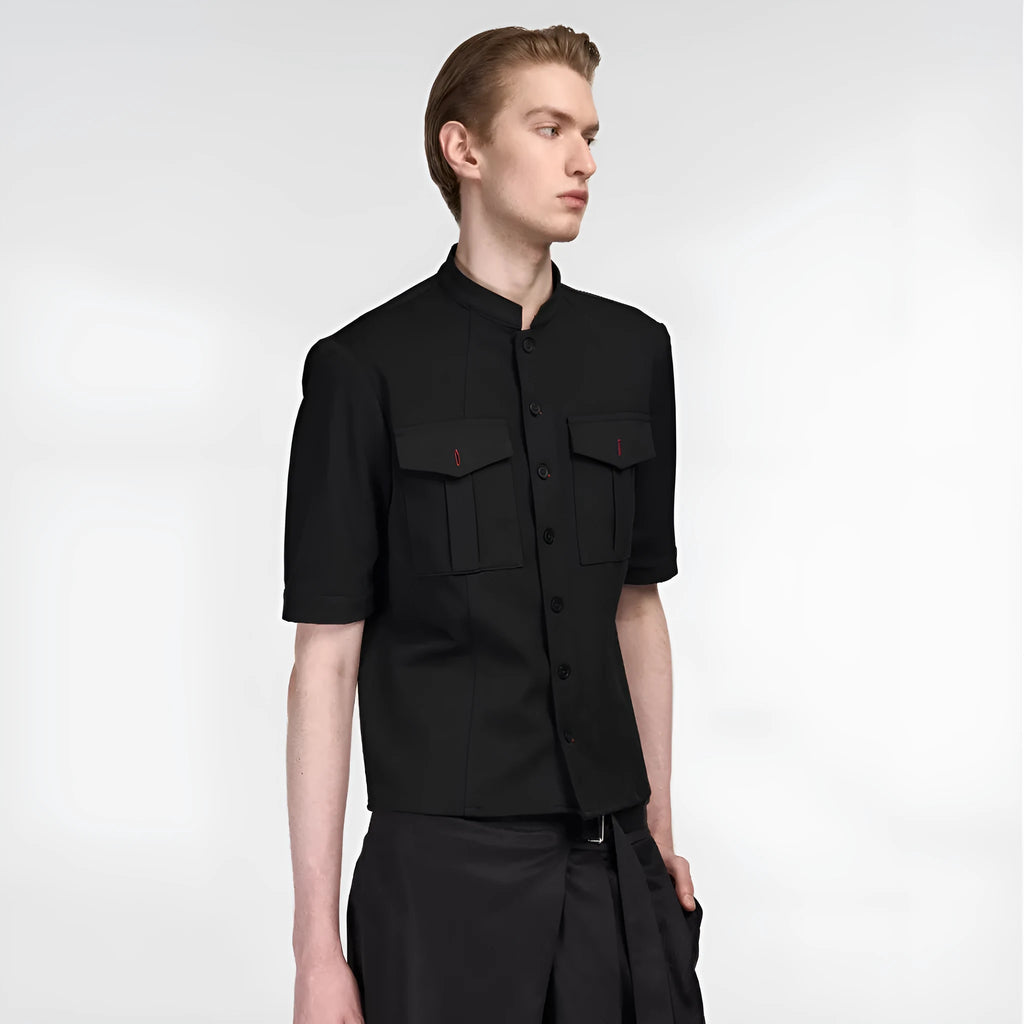 Black men's half-sleeve hunting shirt with a handmade red eye design and shirt collar.