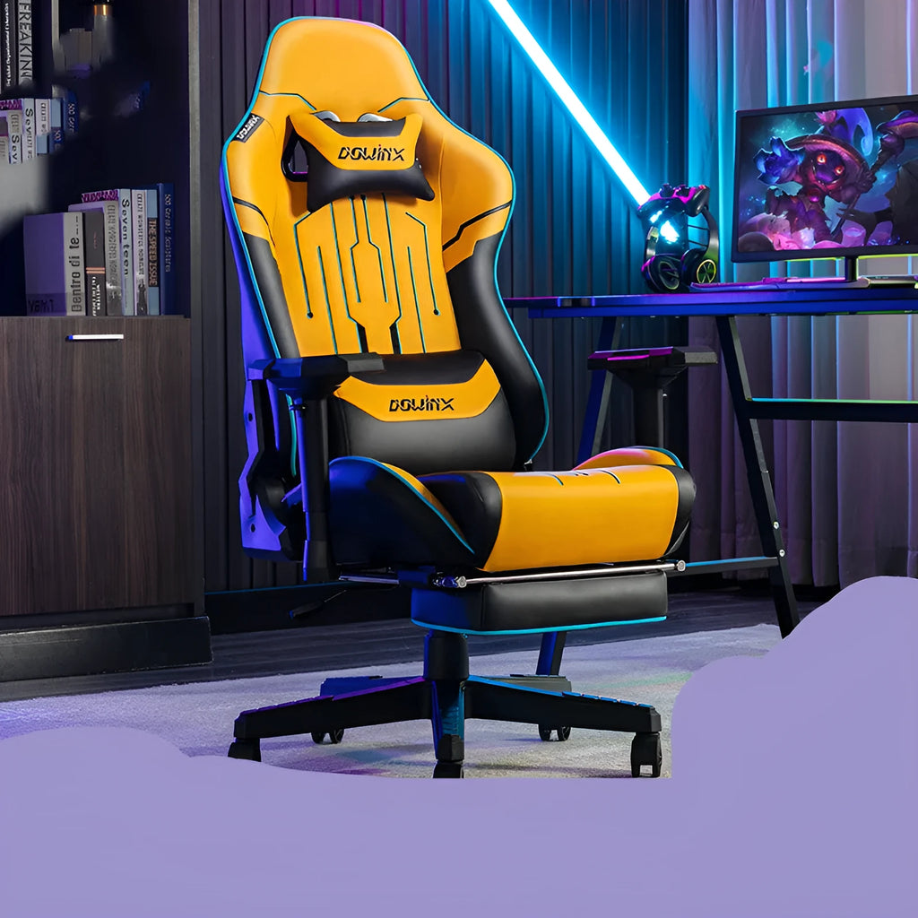 Dowinx LS-6010 gaming chair in black, grey, or yellow with 4D adjustable armrests and leather upholstery