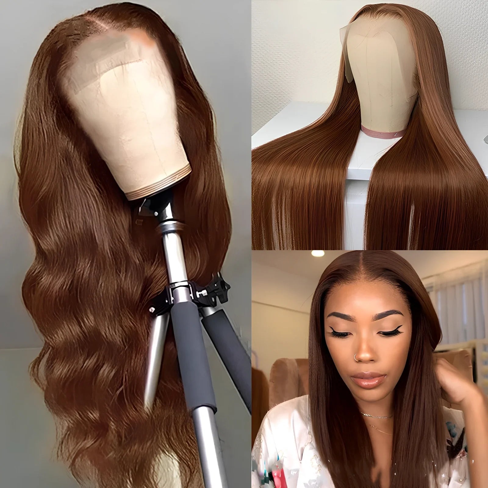 Brown human hair wig with 150% density, 13x6 lace front, lengths 8-30 inches for natural blending