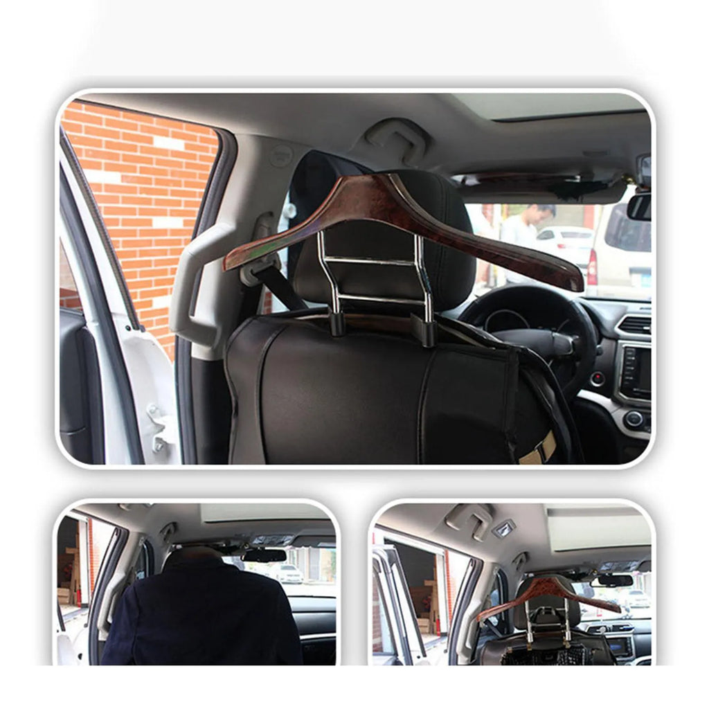 Stainless steel car clothes hanger with wood yellow finish hanging over car seat