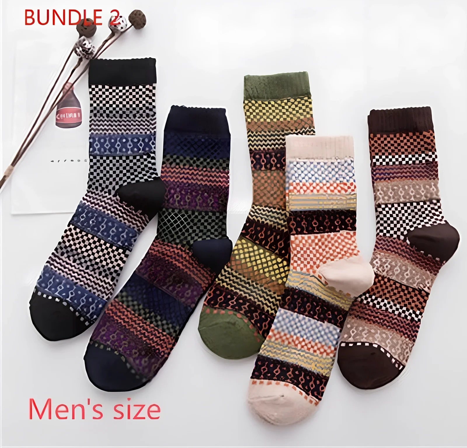 Pack of 5 thick stripe wool blend socks in various colours, featuring 15% rabbit hair for winter warmth, fitting sizes 39-42