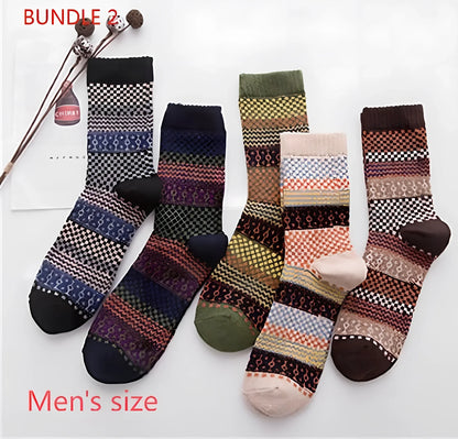 Pack of 5 thick stripe wool blend socks in various colours, featuring 15% rabbit hair for winter warmth, fitting sizes 39-42