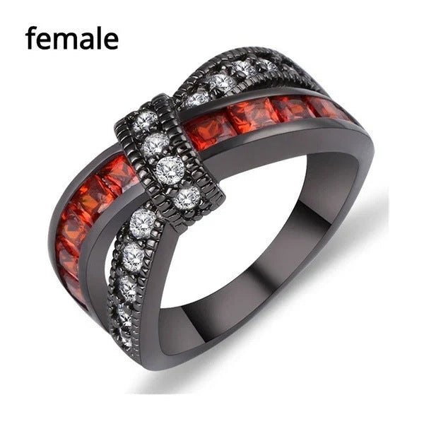 Black Gold Garnet Red Cross Zircon Ring with geometric design and red zircon inlays