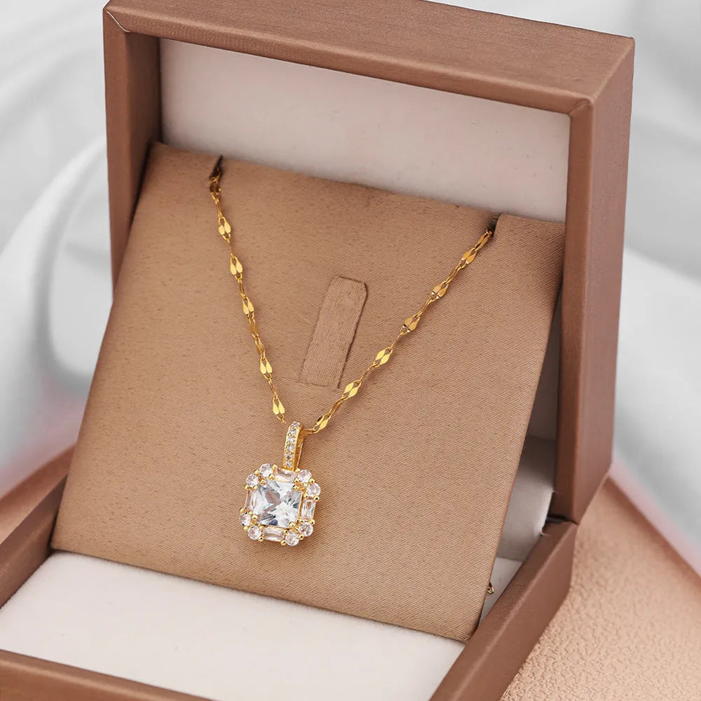 Women's geometric titanium steel clavicle chain necklace with mixed gem inlaid pendant and water wave chain