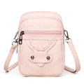 Soft PU retro mobile phone bag in vertical square shape with weaving and rivet details.
