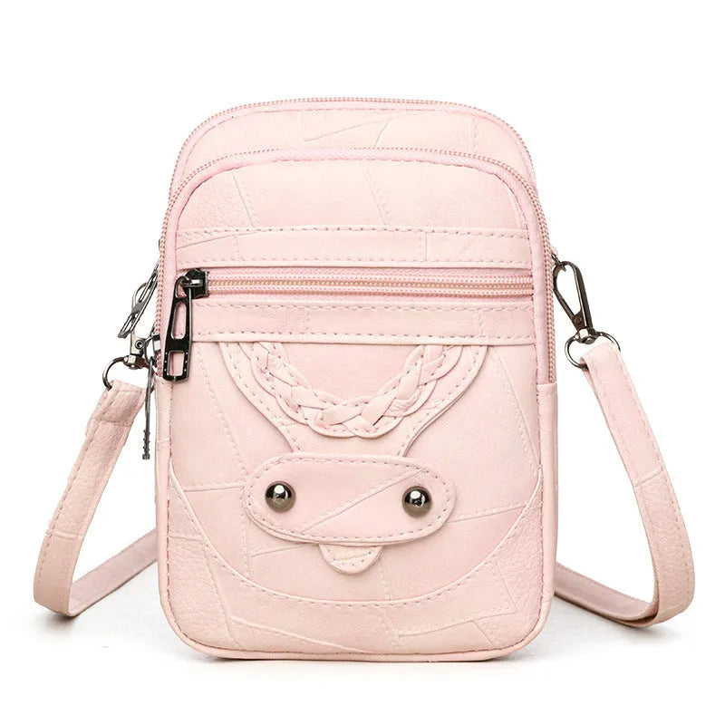Soft PU retro mobile phone bag in vertical square shape with weaving and rivet details.